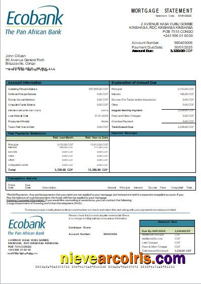 Congo Ecobank bank mortgage statement